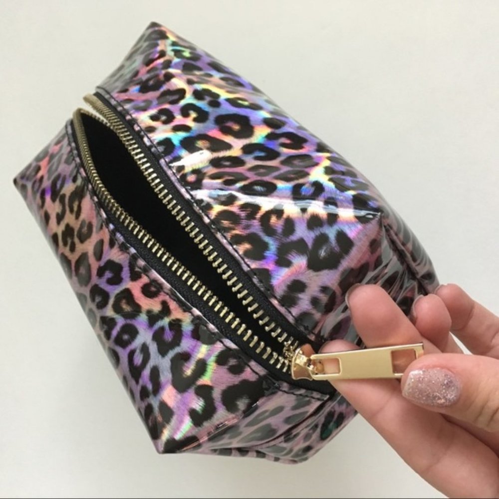Leopard Print Holo Hologram Iridescent Makeup Bag